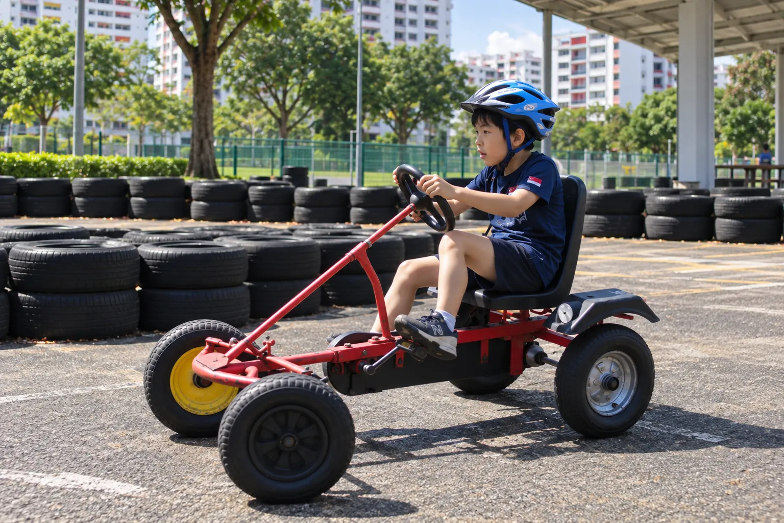 Child in a helmet driving a pedal go-kart on a tyre-lined circuit set up by Momentum Cycle in Singapore