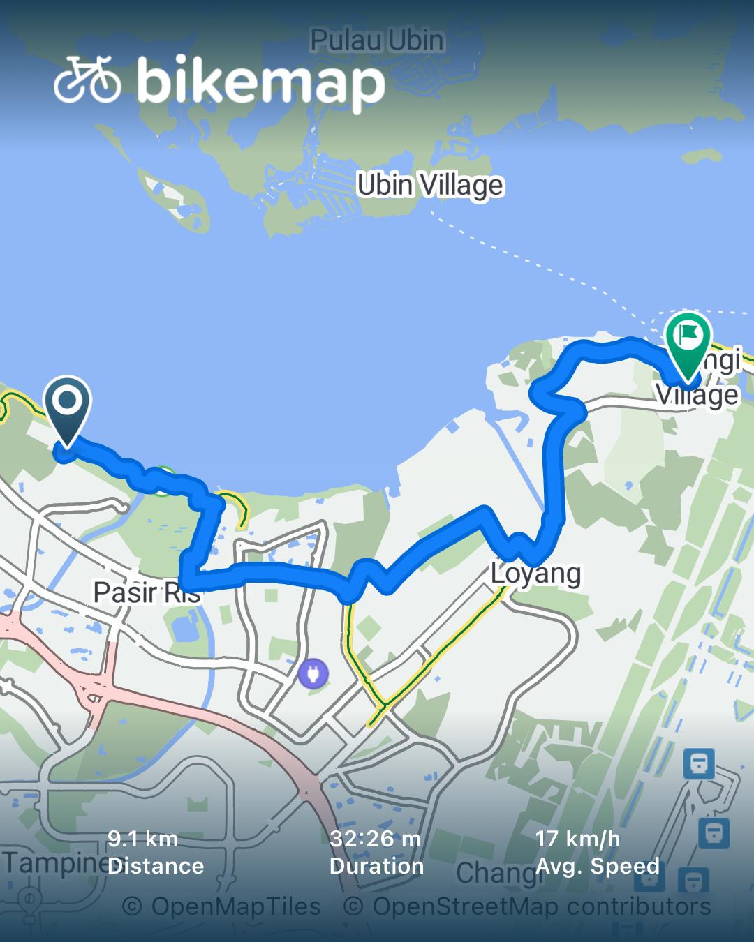 Cycling map from Pasir Ris Town Park to Changi Village along the coast with seaside views and hawker food stops