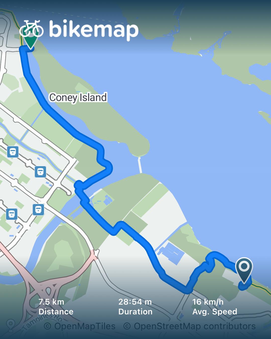 Cycling route map from Pasir Ris Town Park to Coney Island with scenic wetland views and rustic trails