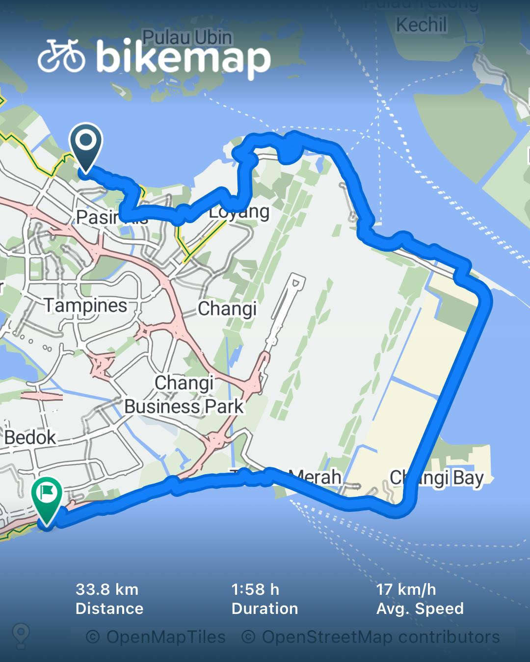 Long-distance cycling route map from Pasir Ris Town Park to East Coast Park via Changi Coast and Loyang